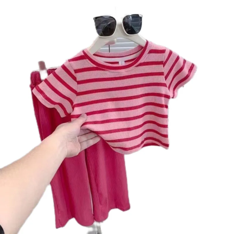 2024 Summer girls and children's new stylish striped short sleeve top cool wide leg pants 2-piece set suitable for 1 to 8 years image 5