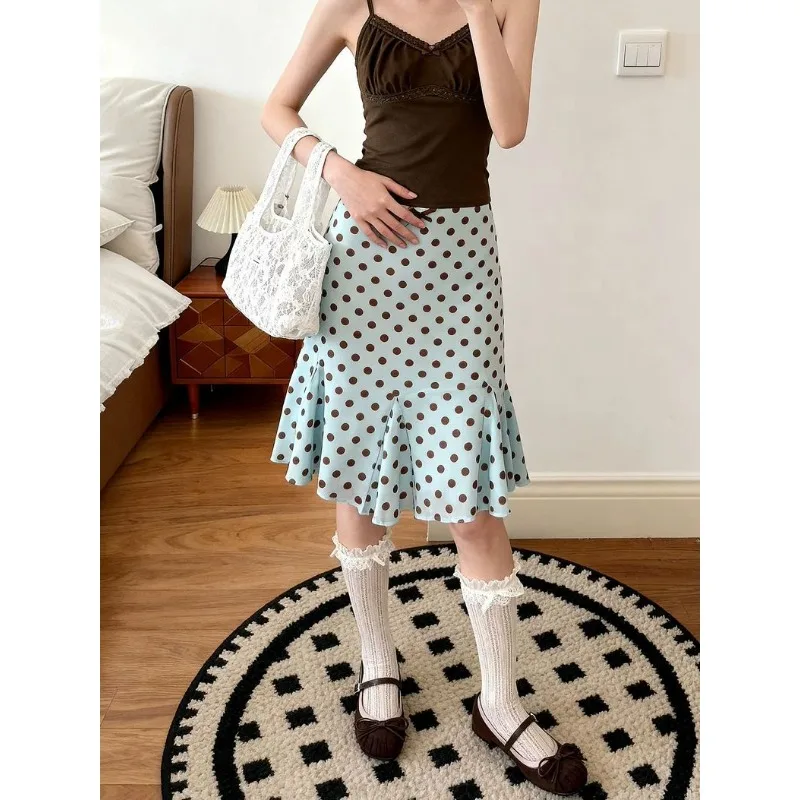 Womens High Waist All Over Polka Dot Ruffle Hem Mid Length Mermaid Skirt