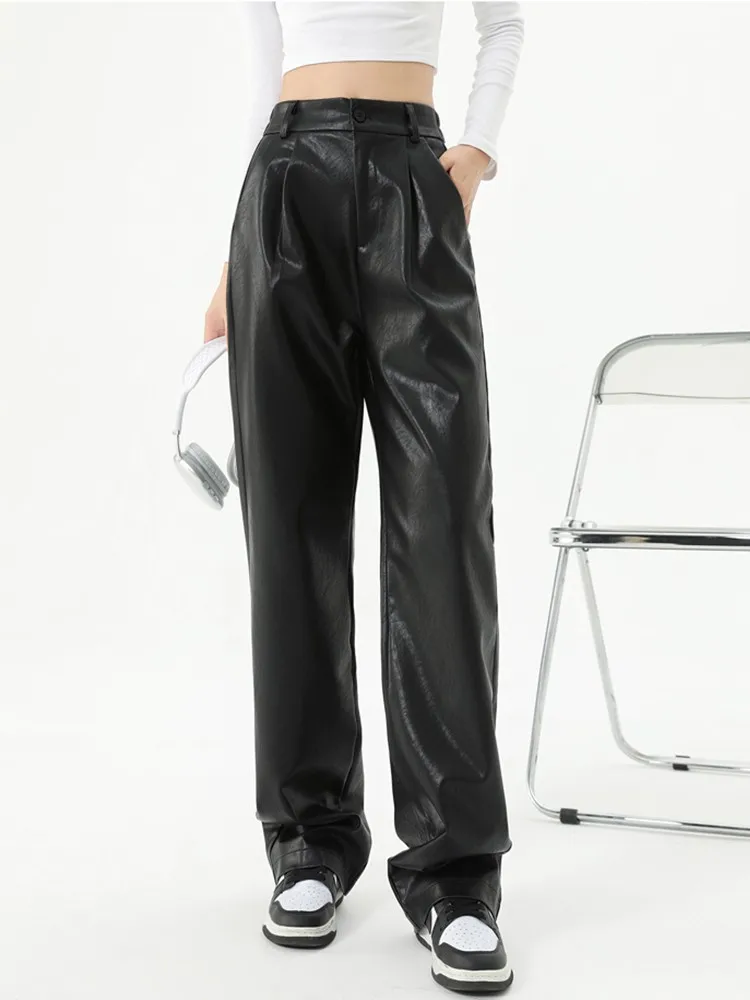 

GUUZYUVIZ Loose Baggy Pants Autumn Winter Casual High Waist Wide Leg Pu Leather Pant Pantalones Holgados Mujer