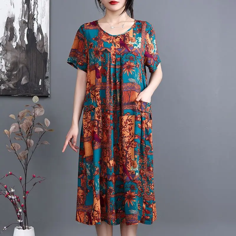 

Fashion O-Neck Pockets Loose Printed Folds Vintage Dress Women's Clothing 2024 Summer New Oversized Office Lady Floral Dress