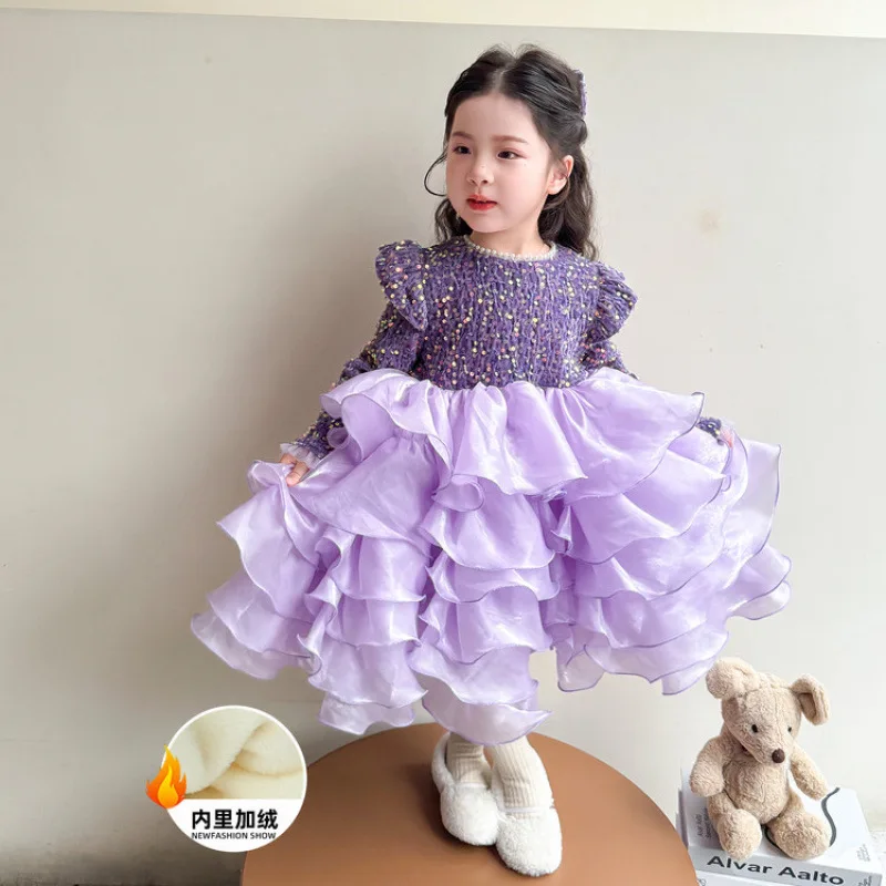 الفتيات الخريف الشتاء Dress2025New الأطفال الراقية الترتر فستان الأميرة ضوء فاخر ثوب عيد ميلاد فستان منتفخ #1