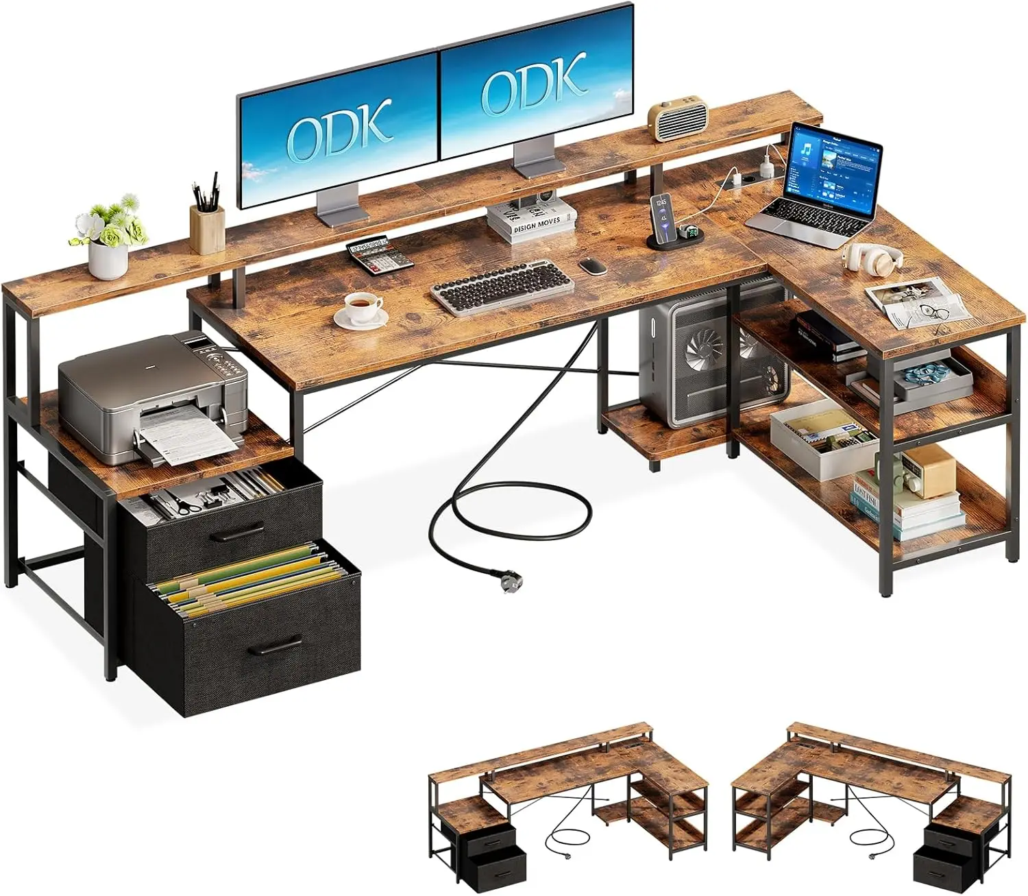Coleshome bureau met laden, 189,3×100cm omkeerbaar hoekbureau groot met 2 stopcontacten en USB-oplaadpoort, wit