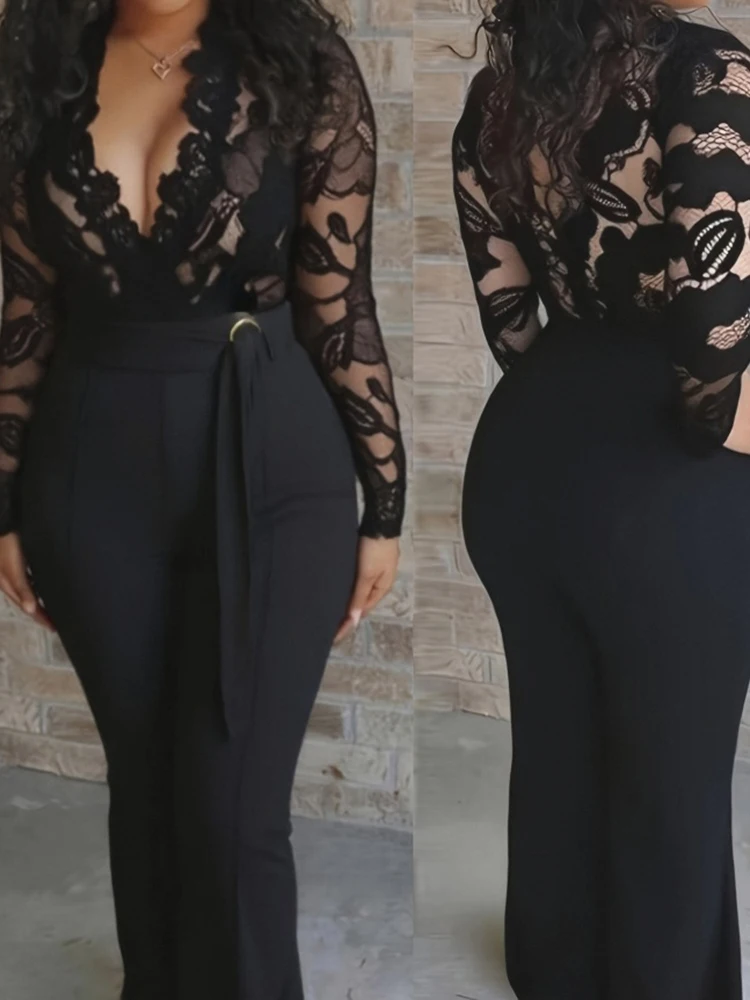 

Elegant Women High Waist Spliced Rompers New Simple Solid Wide Leg Playsuits Sexy V-neck Slim Lace See-through Sleeve Jumpsuits