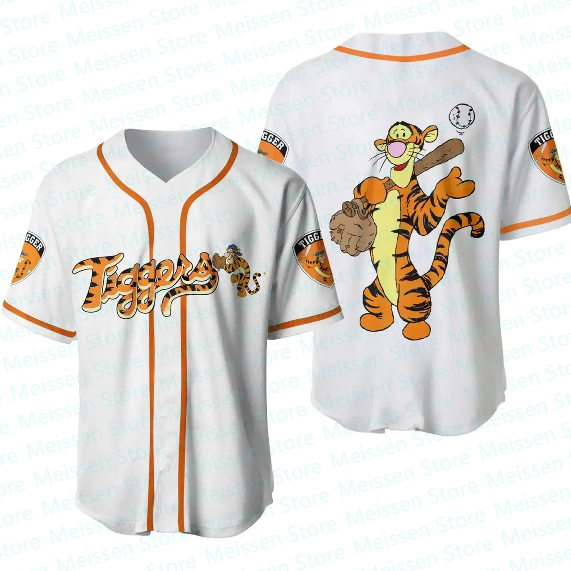 Disney Tegger Printting Fashion Baseball Jersey Tigger Winnie The Pooh Tops Kid\'s Cartoon Graphic Casual Short Sleeve Street Tee