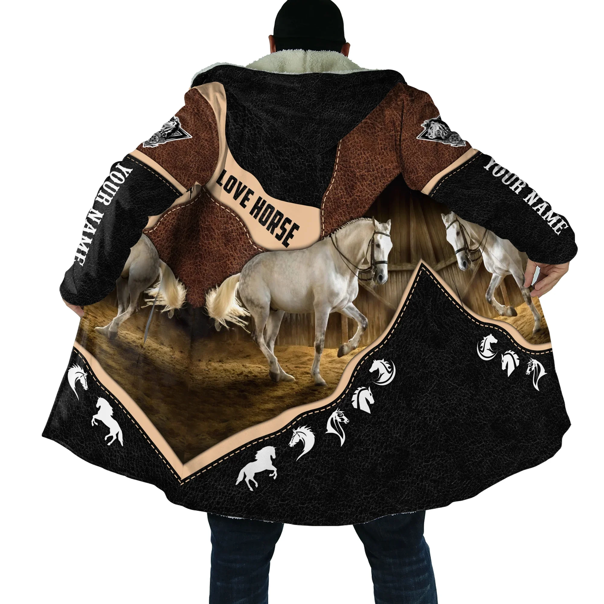 PLstar Cosmos Personalized Name Love Horse 3D All Over Printed Men's Fleece Hooded Cloak Unisex Casual Thick Warm Cape coat PF95