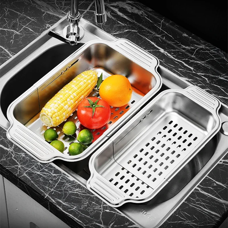 LFGB Certification 304 Stainless Steel Kitchen Sink Strainer Scalable Vegetable Meat Washing Basin Home Tableware Container