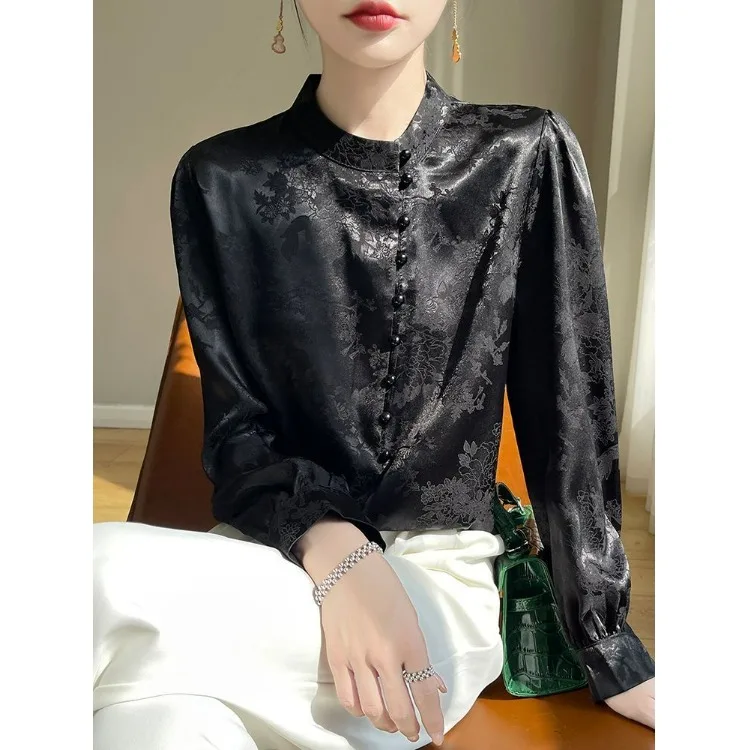 White Silk Satin irt Women's Office Wear Long Sve Stand Collar Chinese Print Commute Top Spring Autumn Seasonal Faion