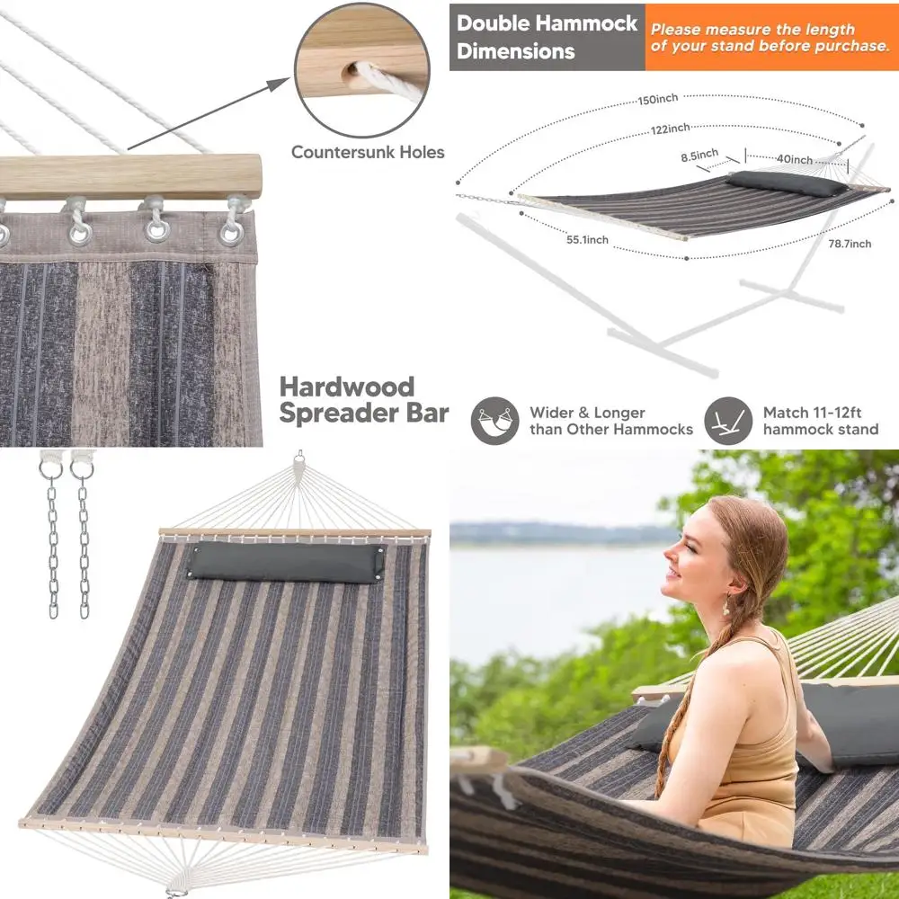 

Очень большой стеганый гамак на 2 человека с деревянным стержнем и мягкой подушкой, идеально подходит для использования в помещении и на открытом воздухе, серые полосы