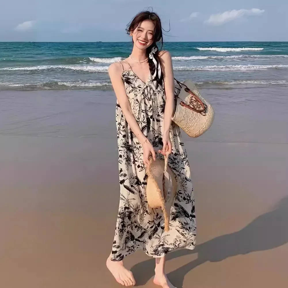 2025 ศิลปะหมึกดอกไม้ Sundress ภาษาฝรั่งเศสคําได้อย่างง่ายดาย Maxi Beach Dress ผู้หญิง Linen Blend Gallery รีสอร์ทสายรัดปรับ