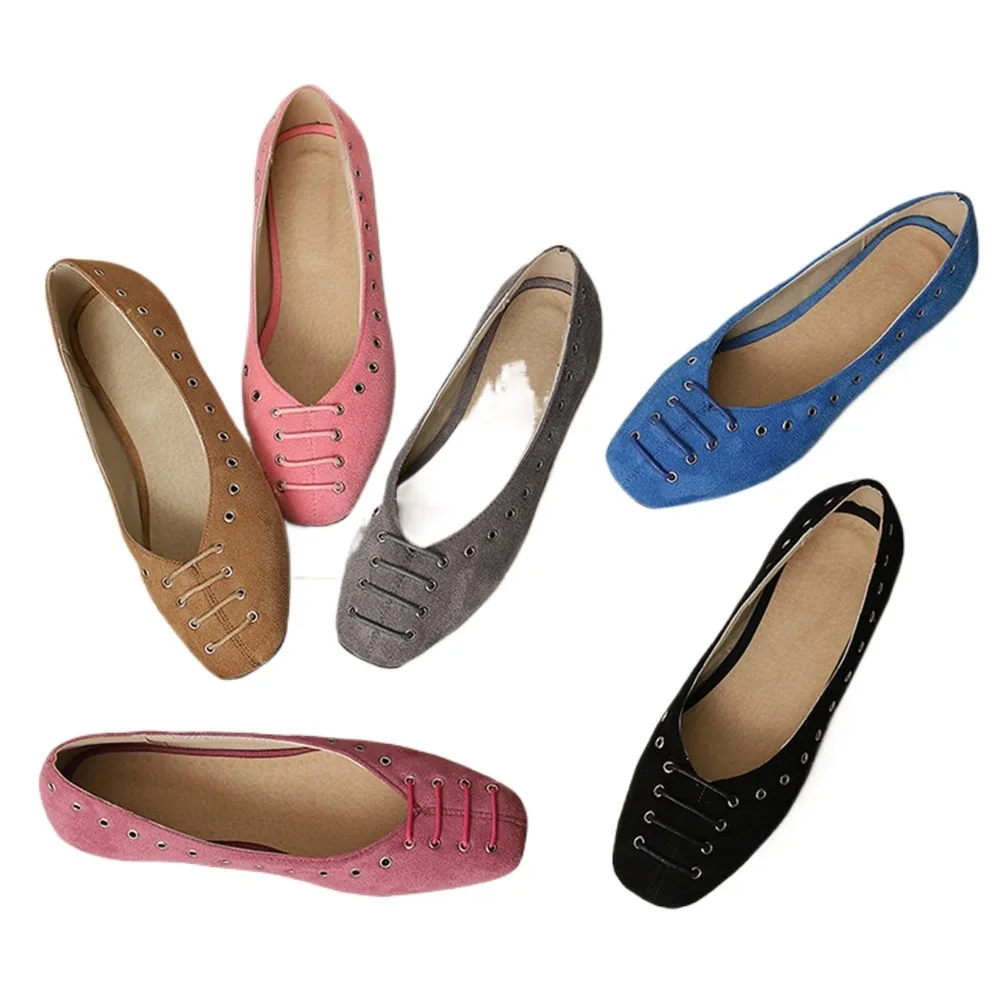 Plus Size 35-48 Women Suede Low Heels Metal Eyelet Shallow Mouth Daily Casual Flat Pumps Z-3
