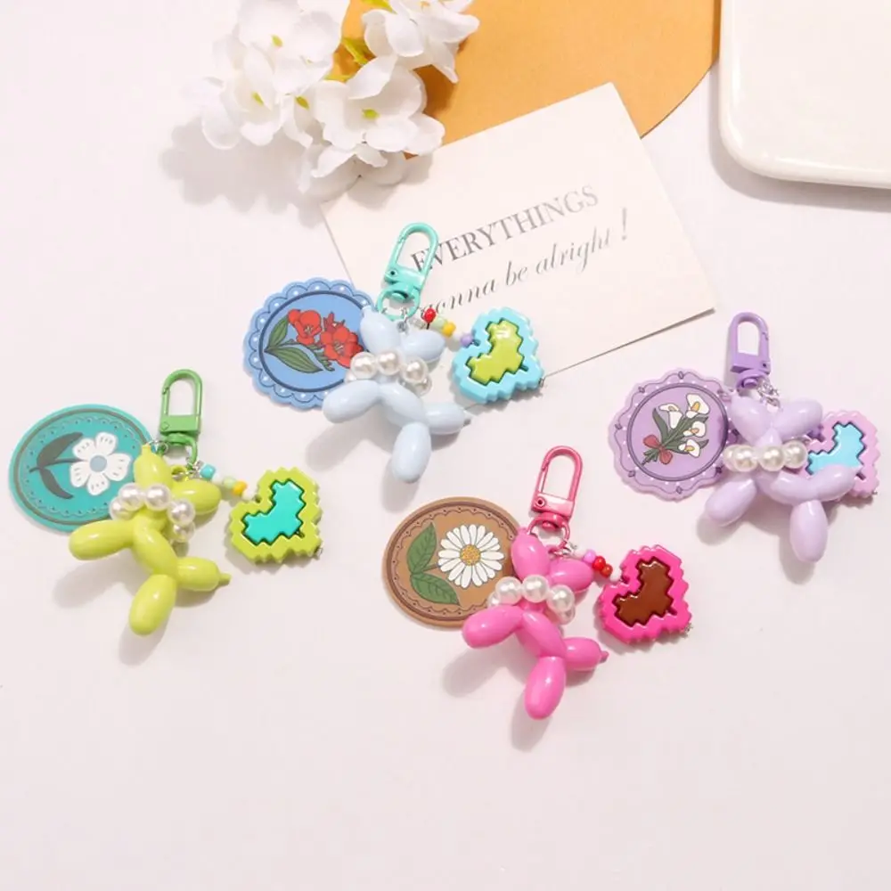 Unique Dog Balloon Puppy Keychain Pearl Acrylic Bow Key Ring Korean Style Candy Color Key Buckle Bag Charms Decoration