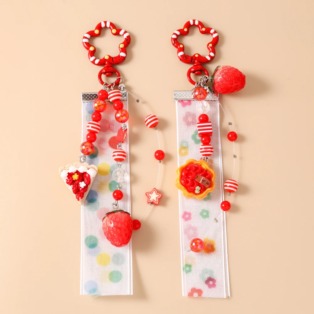 Modische handgefertigte Perlen-Erdbeerkuchen-Schlüsselanhänger für Damen und Herren, Autoschlüsselhalter, Handtaschen-Schlüsselringe, Accessoires, DIY-Geschenke – Detail 3