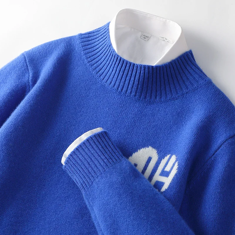 

100% pure Wool New Jacquard Men's Semi-high Neck Joker Pullover Sweater Thickened Knitted Cashmere Loose Base Shirt
