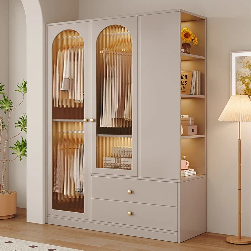 

Modern Closet Cabinet With Drawers White Solid Wood Cream Wind Bedroom Household Wardrobe Bedside Storage Glass Door With Lamp