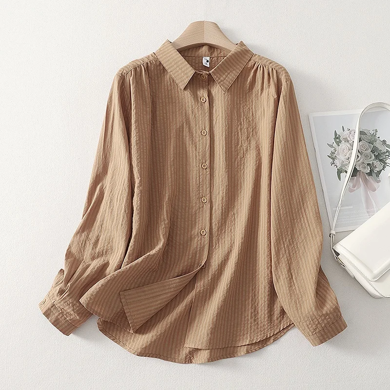 Primavera outono longo sve algodão irt feminino listra camada base vintage aberto cardigan fino cor pura versátil solto ajuste