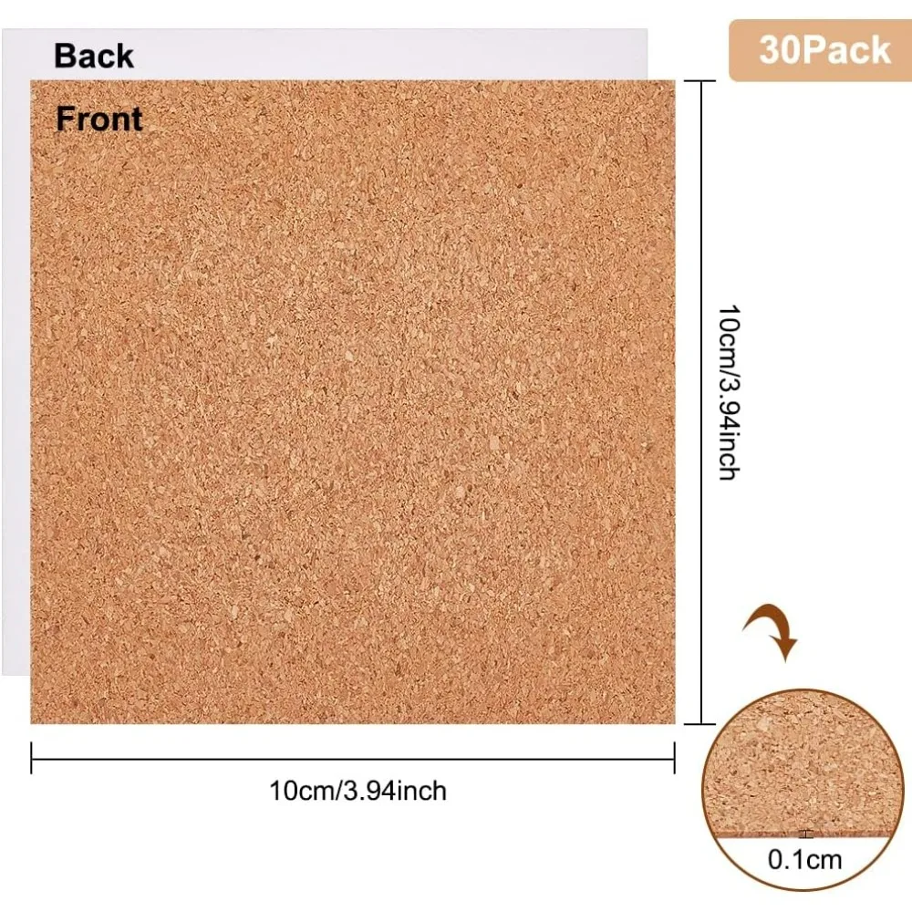 30pcs 100x100mm Square Self-Adhesive Cork Sheets, Reusable Cork Backing Sheets for Wall Decoration, Party and DIY Crafts