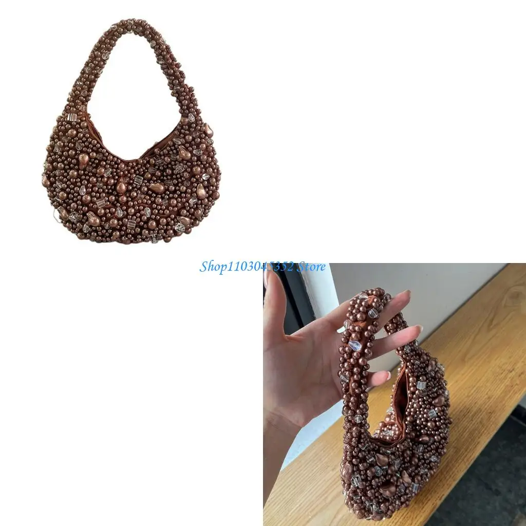 

Elegant Bead Embellished Woven Handbag Lightweight Polyester Shoulder Bag Evening Purse For Daily Use And Casual Party