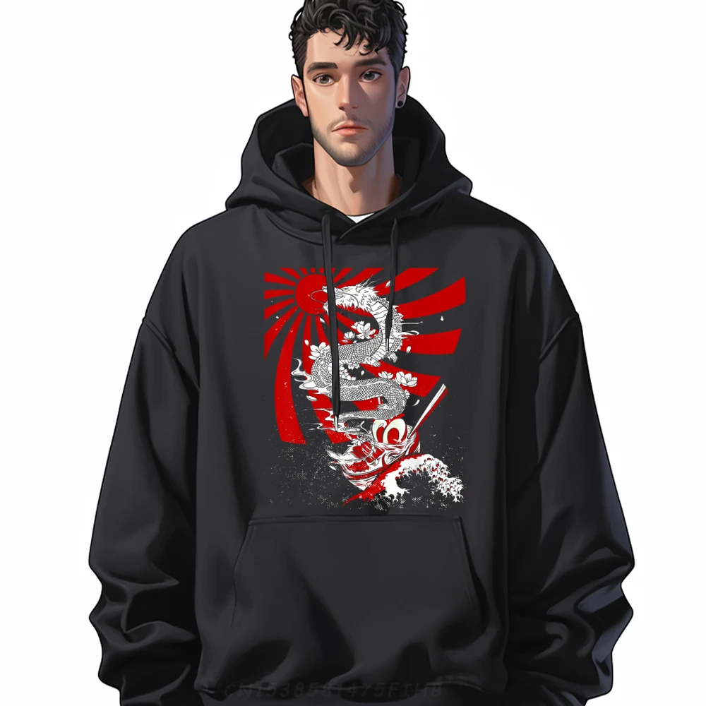 

Dragon Ramen Wave Japanese Asian Inspired Apparel Red Style Cream Hoodies Men's Clothes