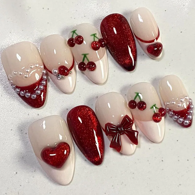 

24Pcs Mid-length Almond Fake Nails Press on French Red Cat's Eye Cherry False Nails Bow Heart Pearl Reusable Full Cover Nail Tip