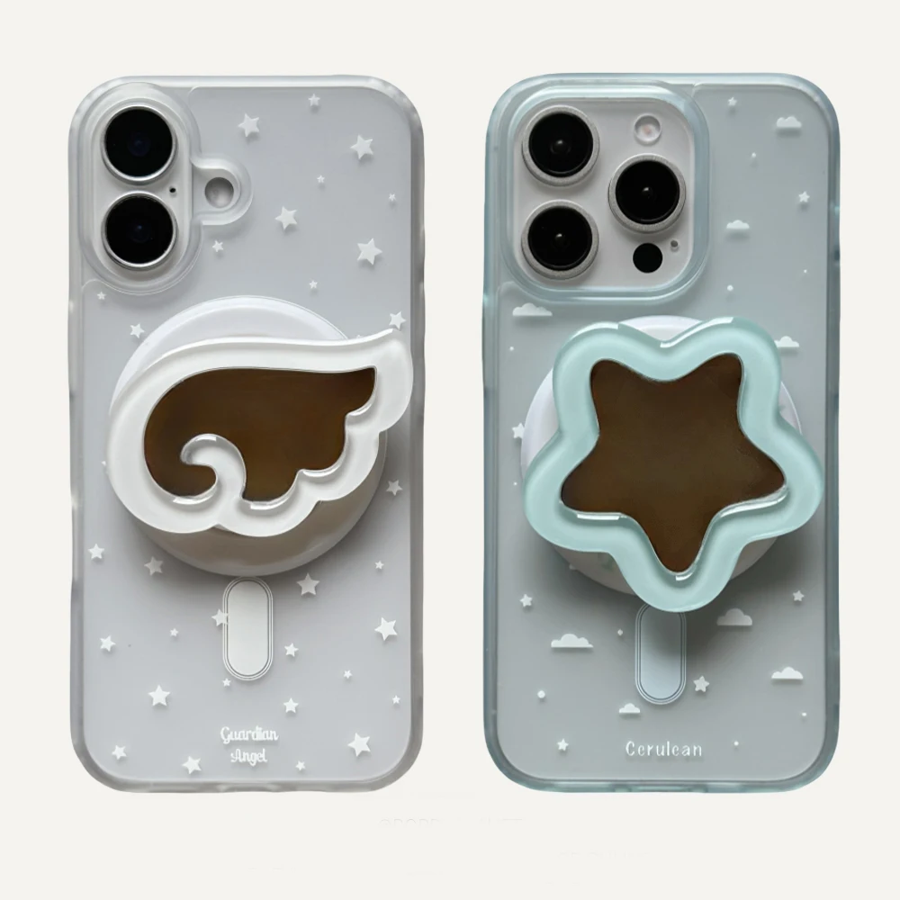 

Cute Angel Wings Magnetic Stand Holder Tok Phone Cases for IPhone 16 15 14 13 Pro Max Lovely Mirror Soft Back Magsafe Cover Case