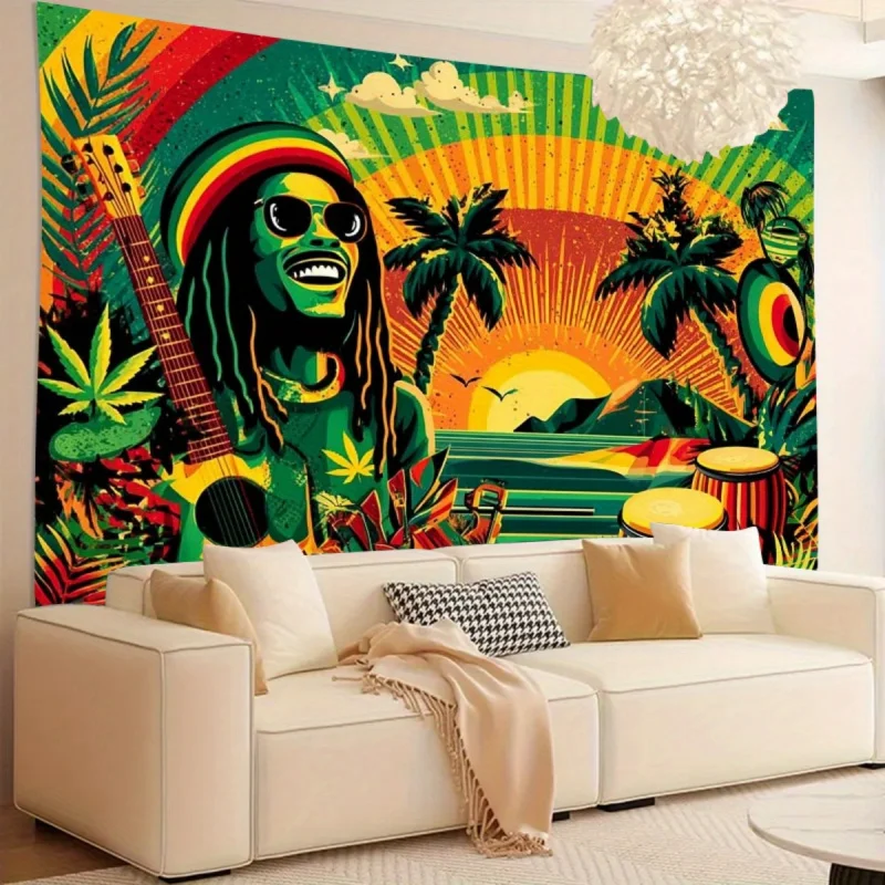 VIKAMA Reggae Vibe Tapestry - Bob Marley Guitar Sunset Palm Tree Wall Art for Music Bar, Airbnb, Live Stream Decor