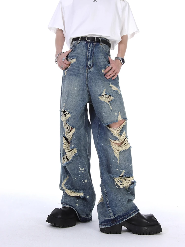 REDDACHIC Men's Torn Ripped Baggy Jeans Hiphop Loose Fit Casual Brushed Straight Wide Leg Pants Vintage Y2k Trousers Streetwear