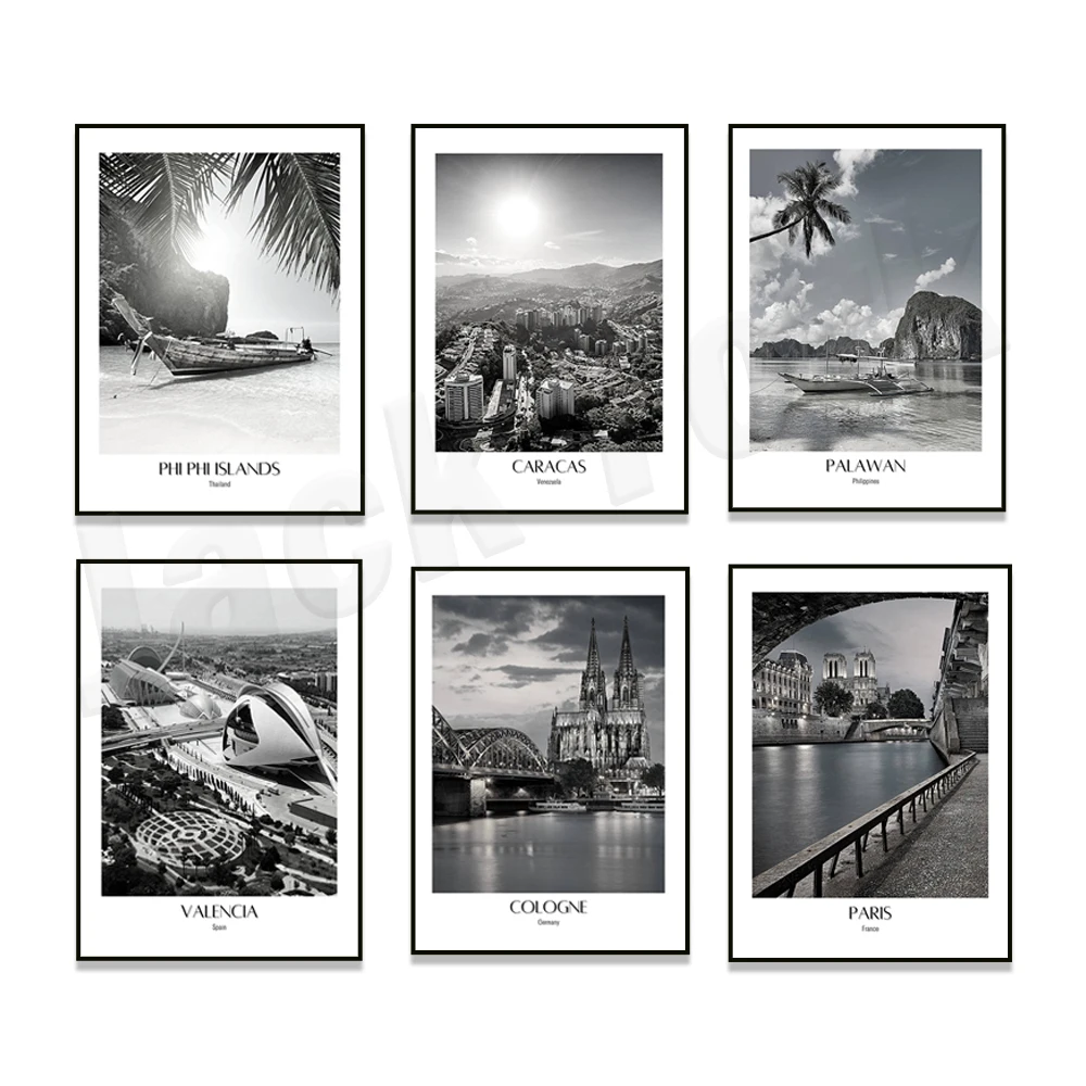 Filipinas Palawan, Phi Phi, París, Alemania, Londres, Praga, Caracas, Tenerife, Valencia, Helsinki poste de viaje blanco y negro