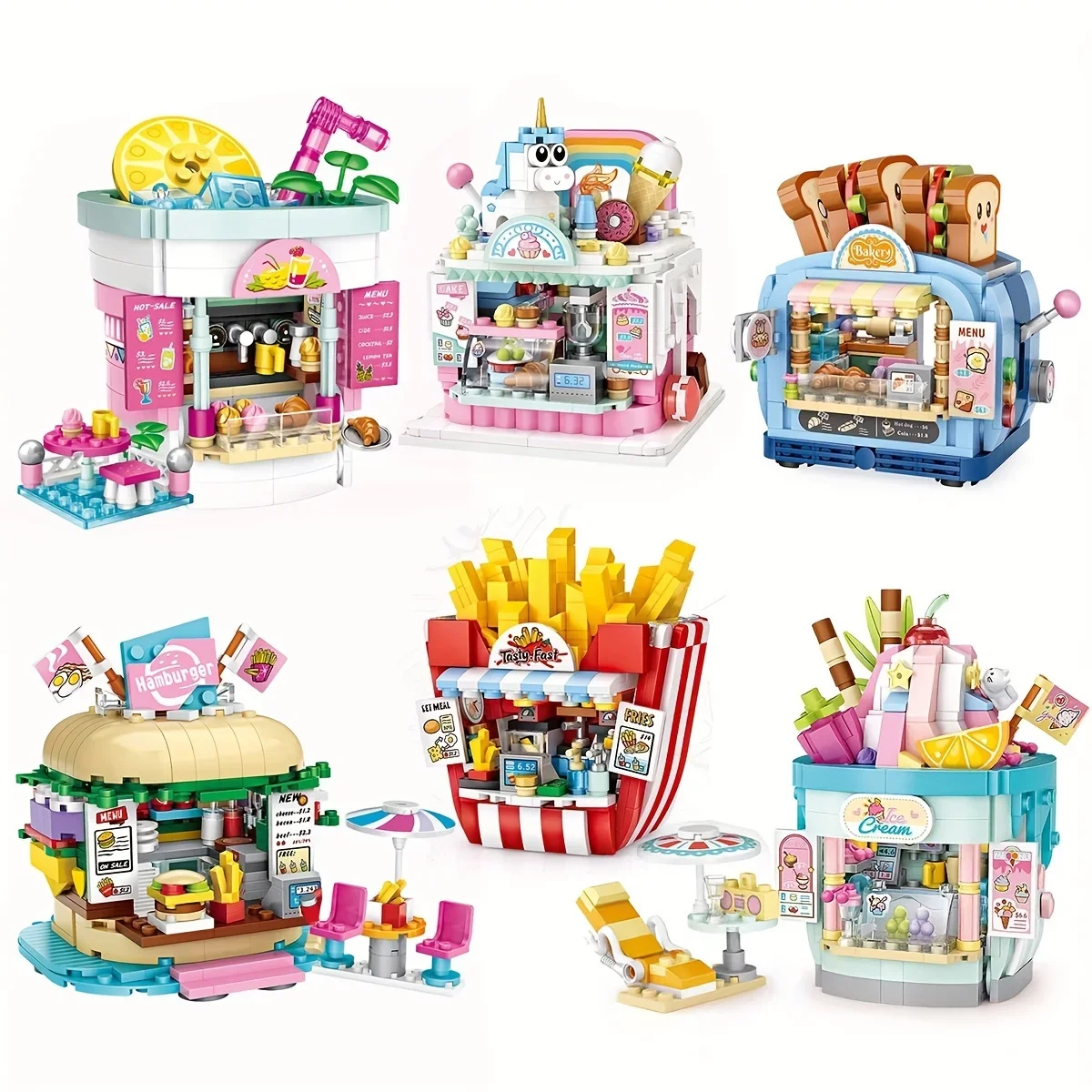 Cartoon Cake Shop Burger Shop, French Fries Shop Beverage Shop , Toast Shop , Ice Cream Shop , Mini Building Blocks ,