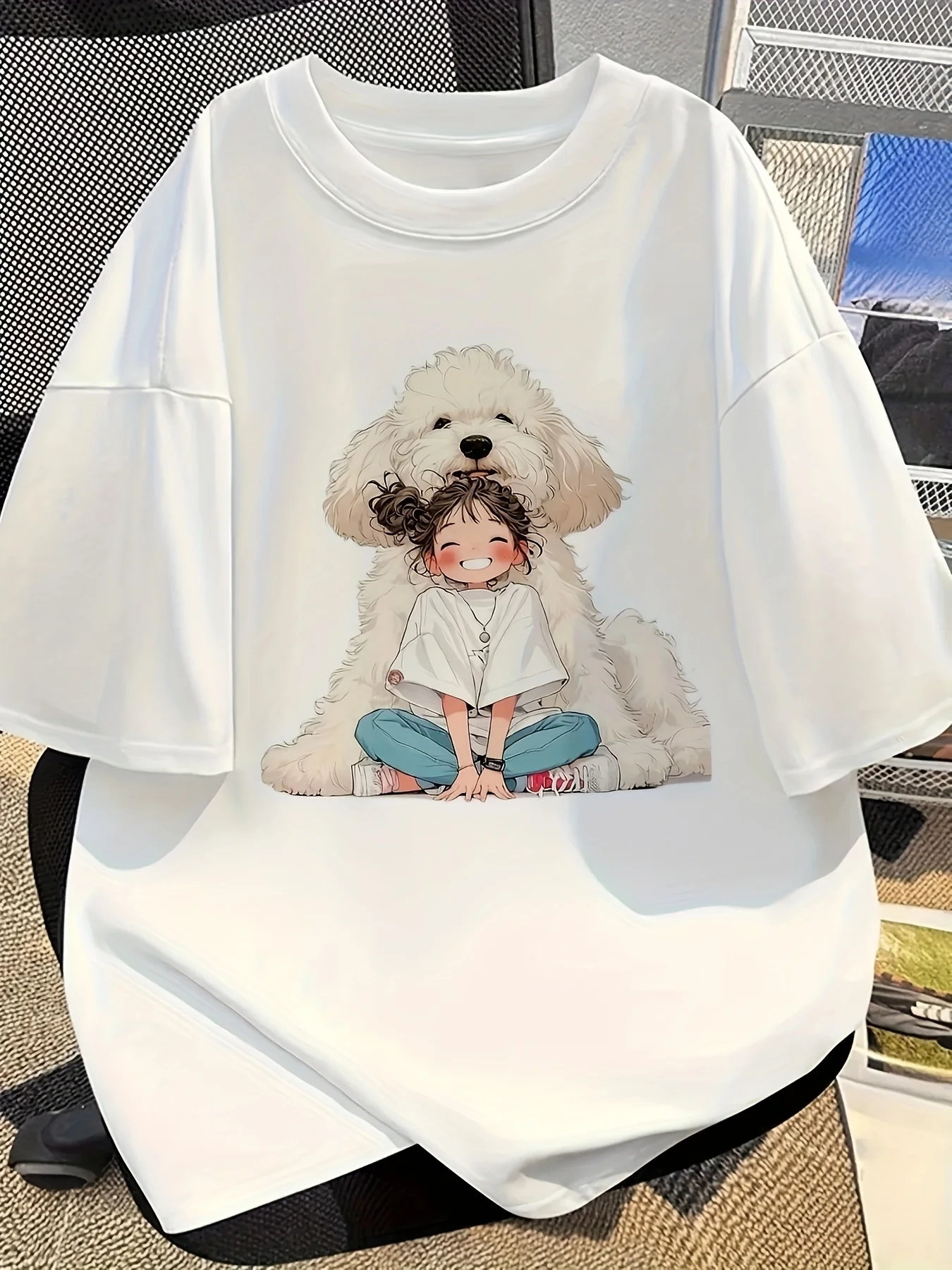 

[Everyday Comfort] Cute Cartoon Dog & Print T-Shirt - Casual, Loose Fit, Short Sleeve Tee with Round Neck - Perfect for Spring