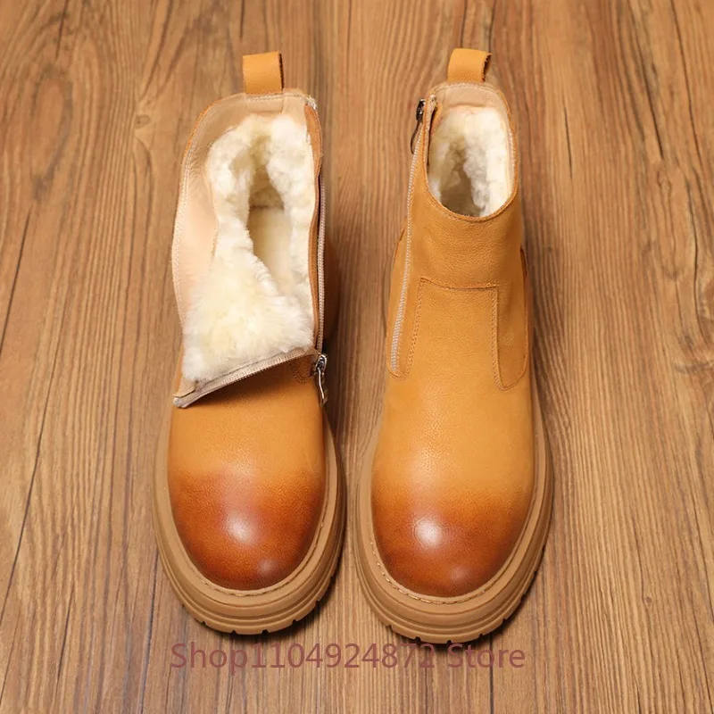 Winter Genuine Leather Ankle Boots Men's Thick Sole Side Zipper Warm Wool  Anti Slip Casual Chelsea Snow Boots Male Shoes