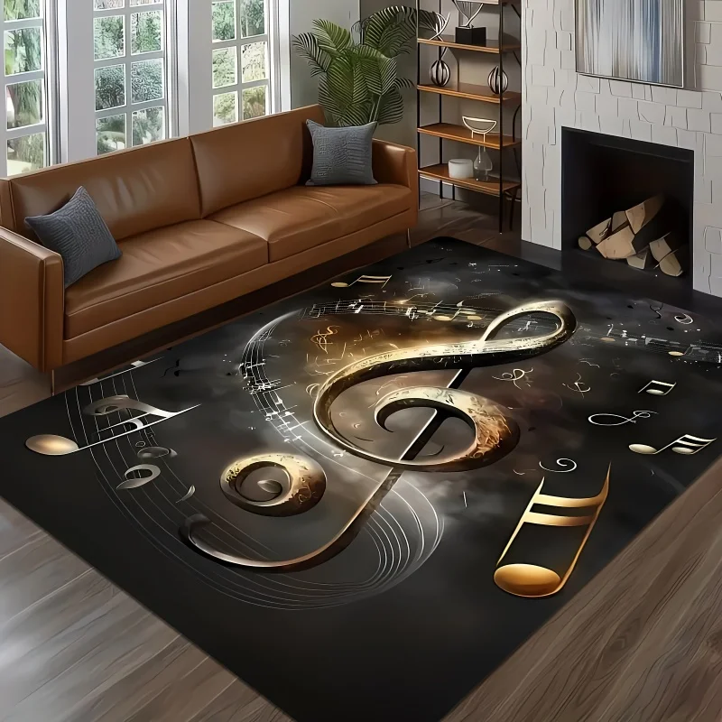 Golden Treble Clef Musical Note Smoky Dark Print Large Area Rug Soft Flannel Non Slip Floor Carpet for Living Room Home Decor