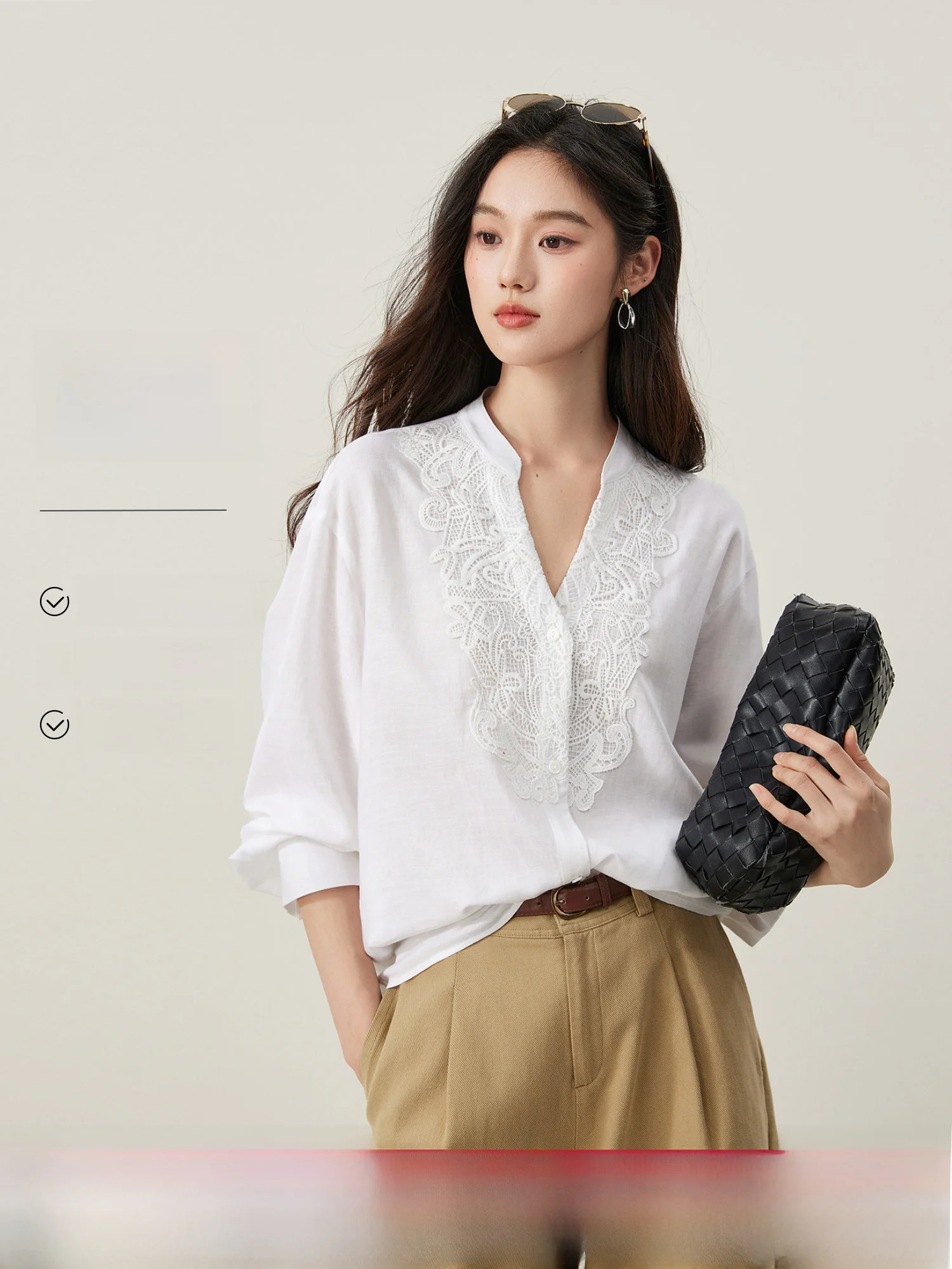 

Ele White Lace Embroidery V-Ne irt Women's Raseel Linen Blouse Spring 2026 Straight Cut Long Sve French Sle