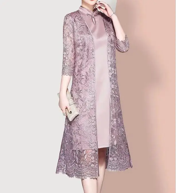 2022 Purple Silk Mother of the Bride Dress With Jacket 2 Pieces Embroidery Half Sleeves Wedding Banquet Mother Prom Party Gowns