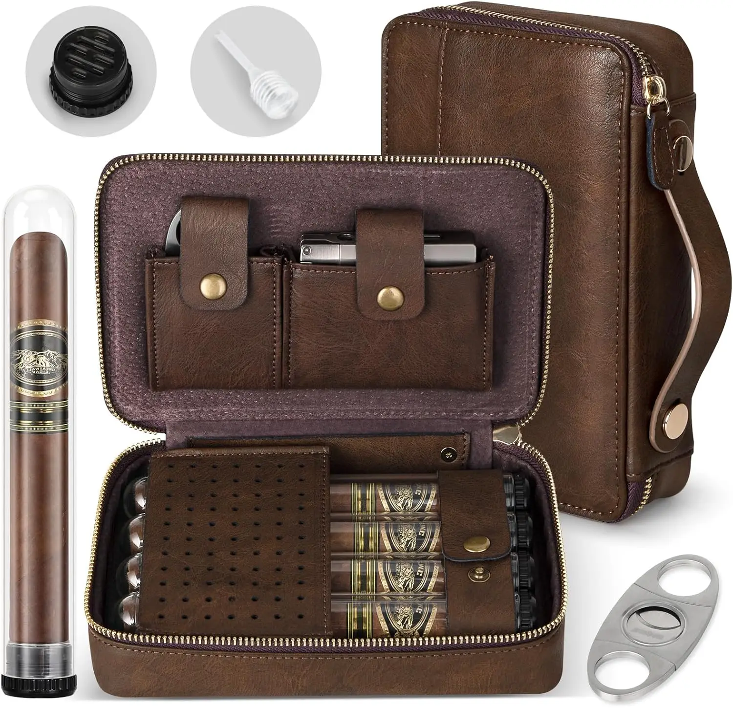 Travel Cigar Humidor Portable Travel Cigar Case with 4 Cigar Tube, Leather Travel Cigar Humidor Include Cigar Cutter