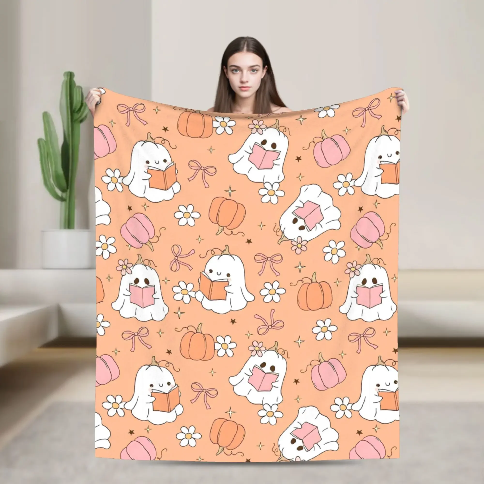 

Halloween Pumpkin Ghost Fleece Throw Blanket Warm Cozy Home Car Multifunctional Thin Quilt Autumn Spring