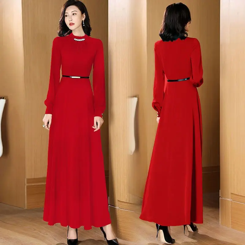 

New Design Elegant Style Women Chic Korea Basic Wear Casual Robe Solid Cotton Blend Vintage Long Shirt Dress Belt Vestidos V235