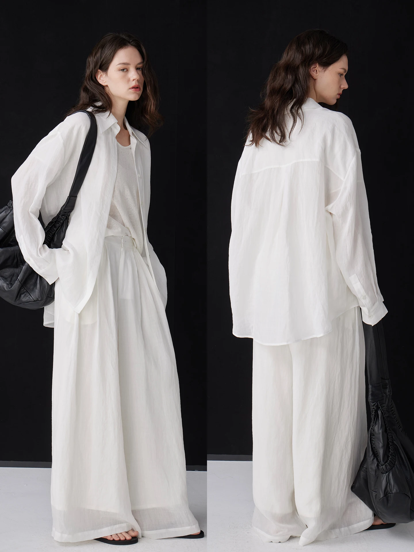 

Oversize Shoulder Drop Shirt Loose Wide Leg Pants Set Summer Fashion Women's Long Sleeve Collared Cotton Linen Blend Suit