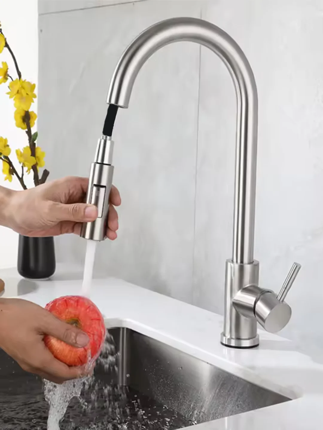 صنبور حوض مطبخ مصقول من الفولاذ المقاوم للصدأ ، صنبور مياه قابل للسحب ، فتحة واحدة #2