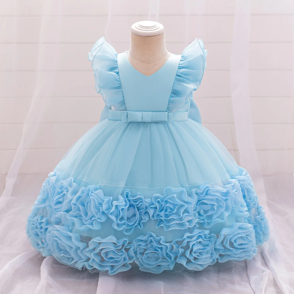 Vintage Flower Girls Party Dresses Ruffles Sleeves Baby 1st Birthday Wedding Gown Toddler Princess Dress For Girl Summer Clothes