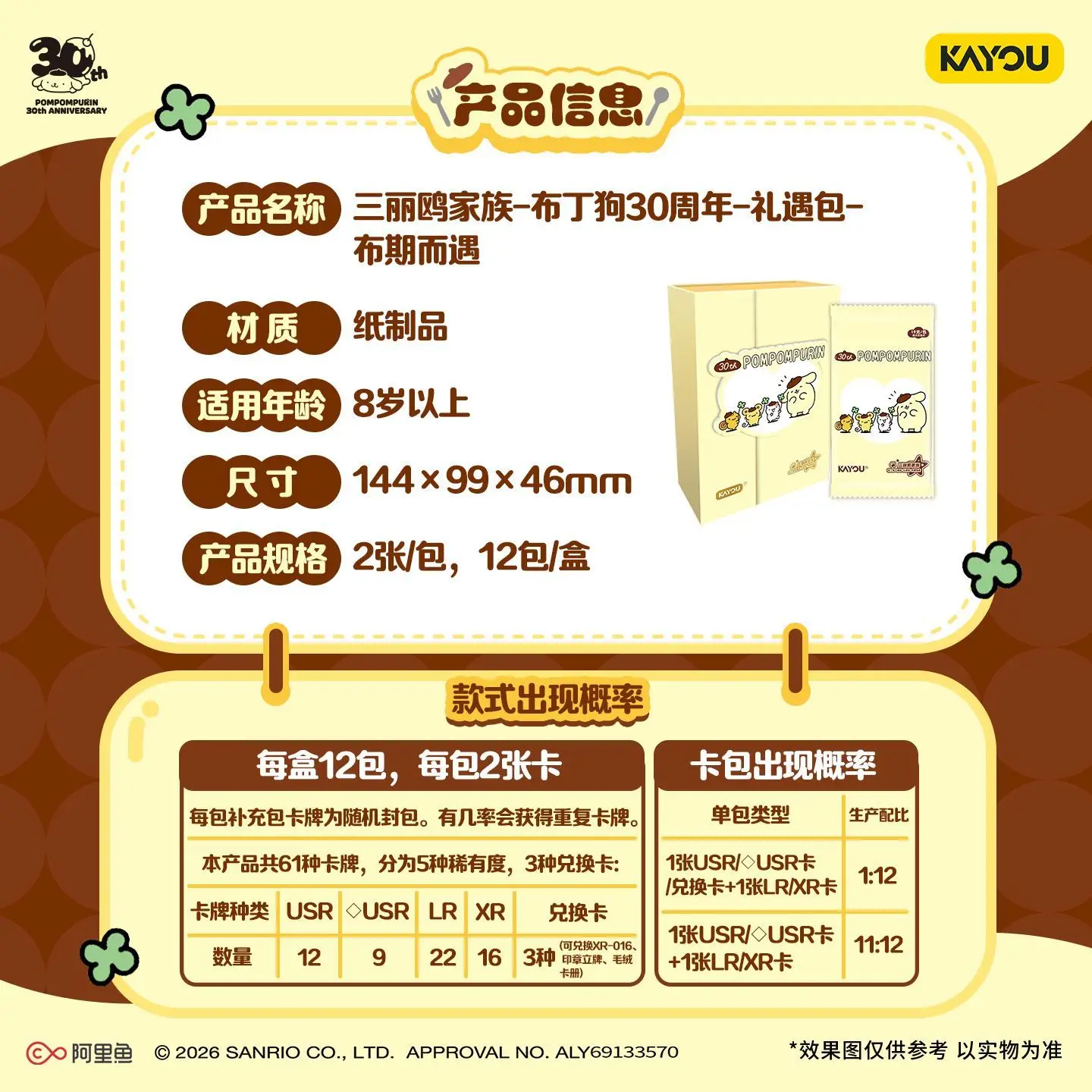 KAYOU Official Sanrio Pompompurin 30th Anniversary Trading Cards Cute Dessert Theme Foil Collectible Cards Booster Pack for Fans
