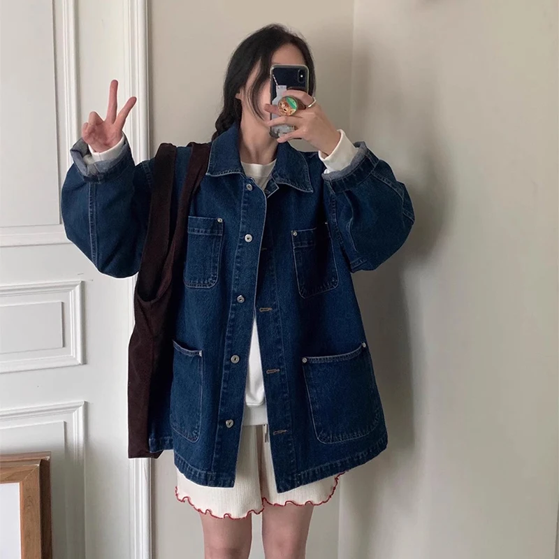 

Spring New Sle Chic Vintage Loose Casual Long Sve Denim Jaet Women's Multi-ket Design Versatile Comfortable Outerwear