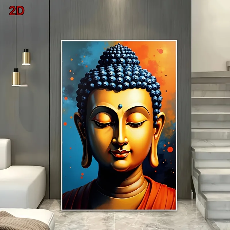 Vintage Buddha Wall Art Print - Frameless 2D Golden Buddha Painting on Canvas, Serene Meditation Room Decor, Ideal for Yoga Stud