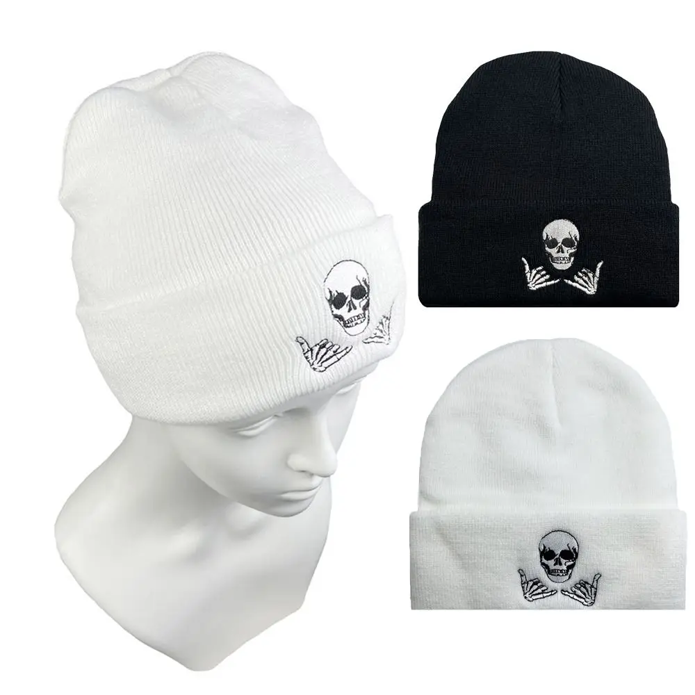 New Hip Hop Men's Knitted Hat Thicken Embroidered Skull Cold Cap Elastic Knitted Skull Bonnet Outdoor Ski