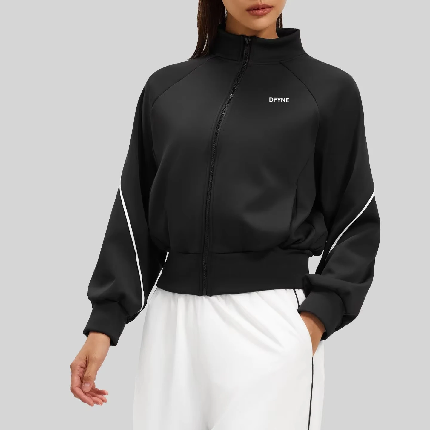 DFYNE Women's Y2K Black Cropped Track Jacket Stand Collar Full Zip Long Sleeve Sports Casual Streetwear Active Top