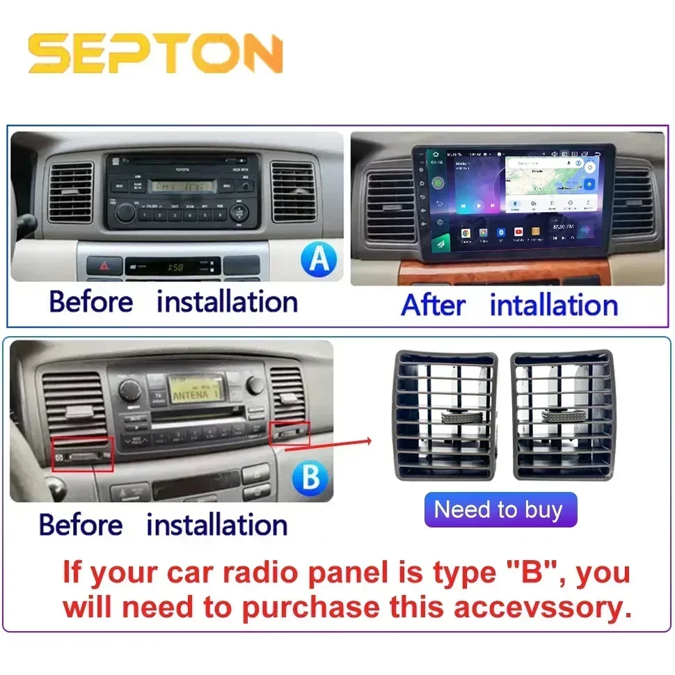 SEPTON Car Radio 8+256G 8core Stereo GPS Multimedia Player 4G Android Autoradio for Toyota Corolla E120 E130 2000-2007 Autoradio