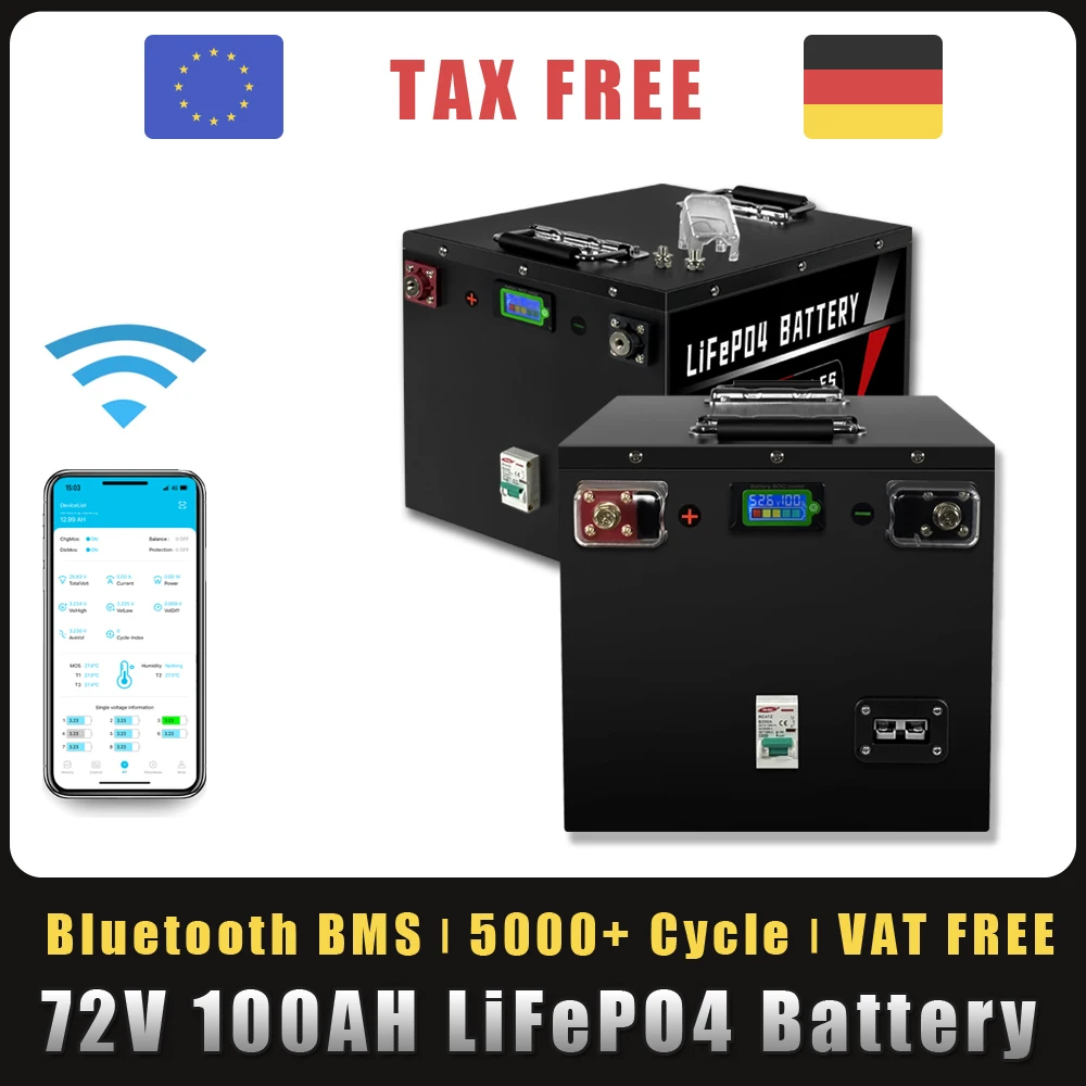 

72V 50Ah 100Ah LiFePO4 Battery Pack Built-in Bluetooth BMS For Golf cart, scooter, motorcycle, tricycle Boat No Tax