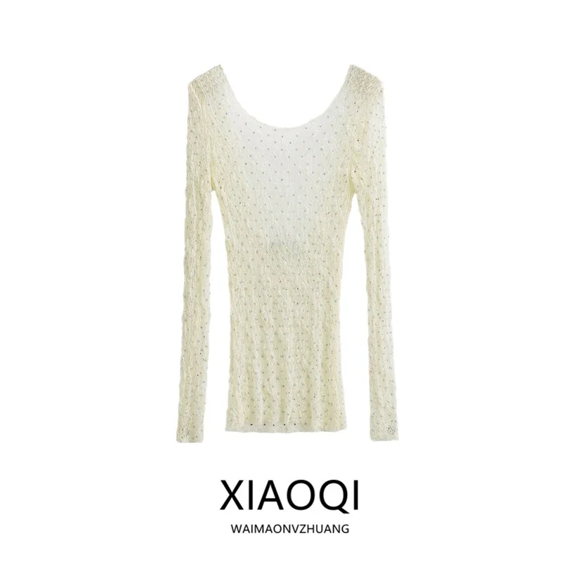 

Summer 2024 Women's Design Slim Fit Lace Top iny Diamond Light round Ne Long Sve Commute Sle 058003