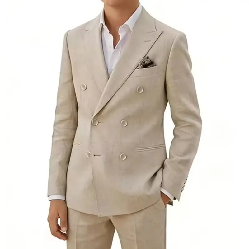 Beige/Blue Linen Boys Suit Jacket Pants 2 Piece Set Summer Beach Wedding Tuxedo Casual Kids Blazer Set Children Clothes
