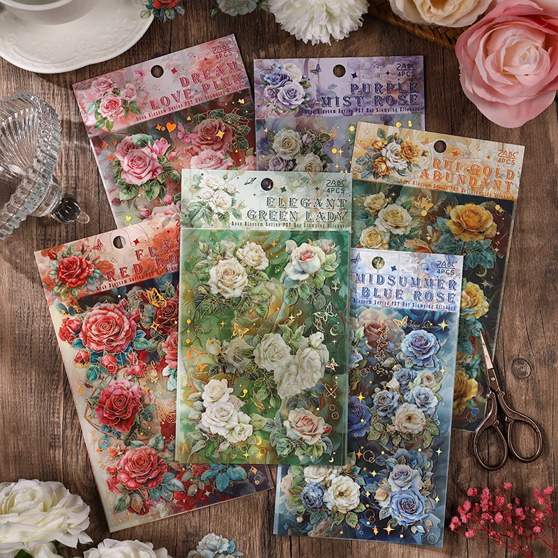4 Sheets Colorful Rose Flower Gold Foil Background Stickers DIY Handmade Album Scrapbooking Decor Paper Supplies