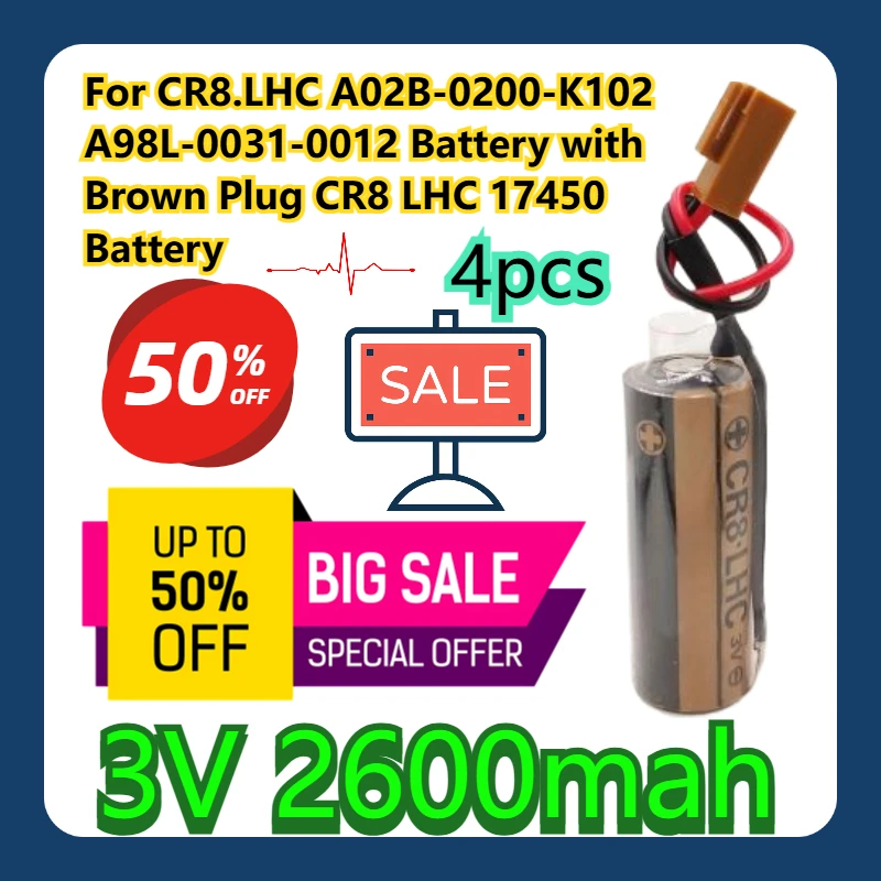 

For CR8.LHC A02B-0200-K102 A98L-0031-0012 3V Battery with Brown Plug CR8 LHC 17450 Battery 4pcs